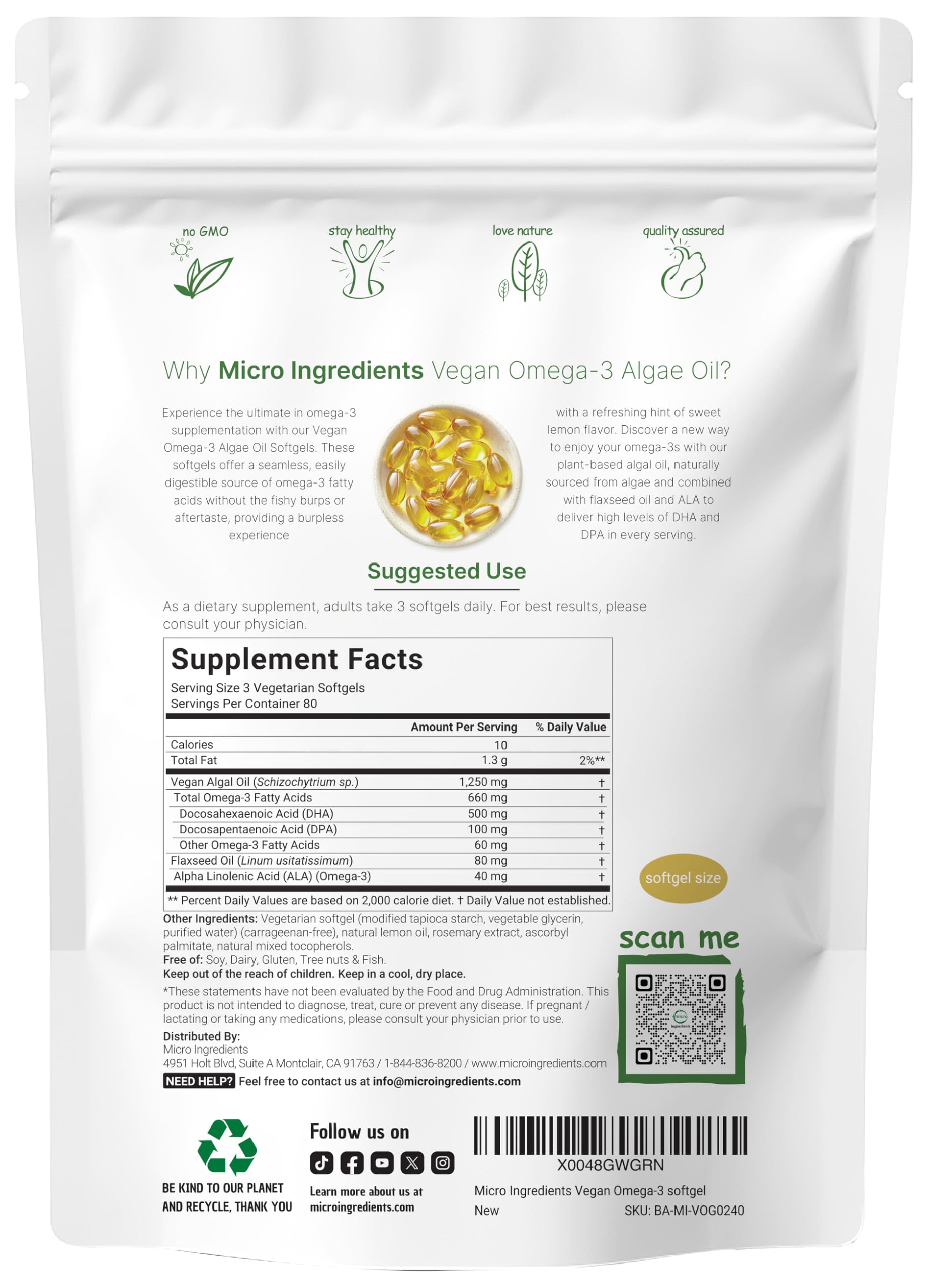 Close-up of Micro Ingredients vegan omega-3 softgels