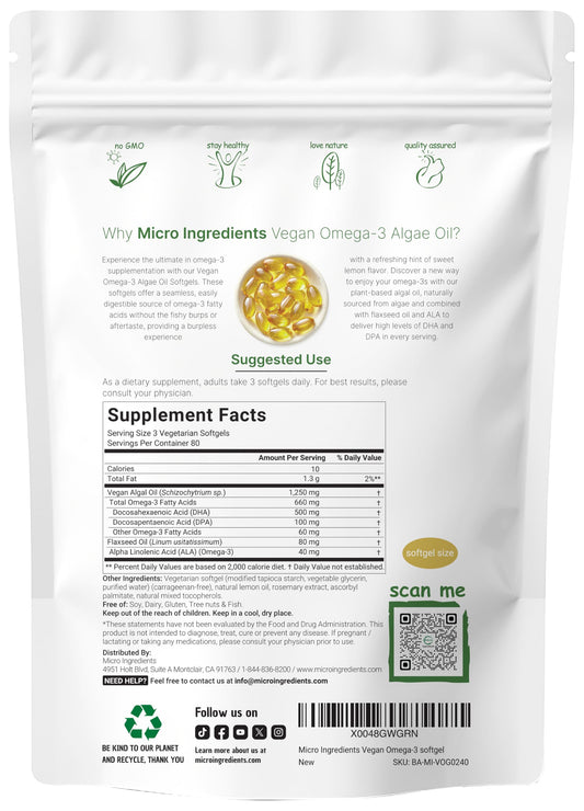 Close-up of Micro Ingredients vegan omega-3 softgels