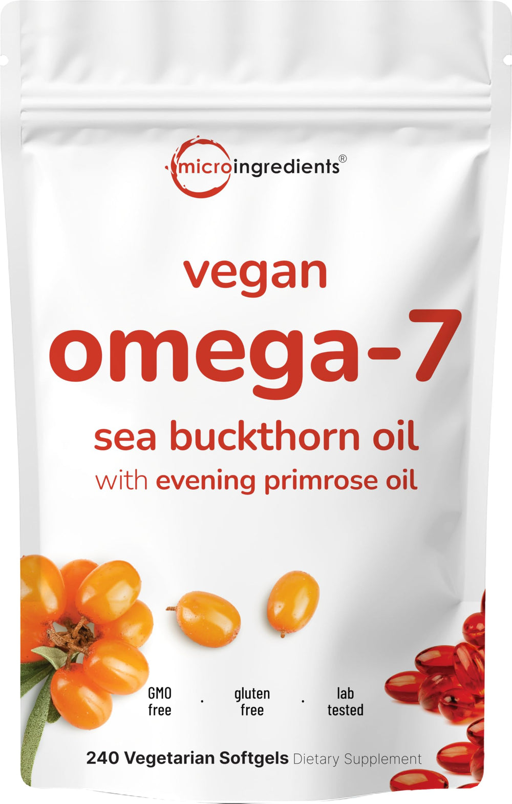 Micro Ingredients vegan omega-7 sea buckthorn oil bottle showing daily plant-based nourishment