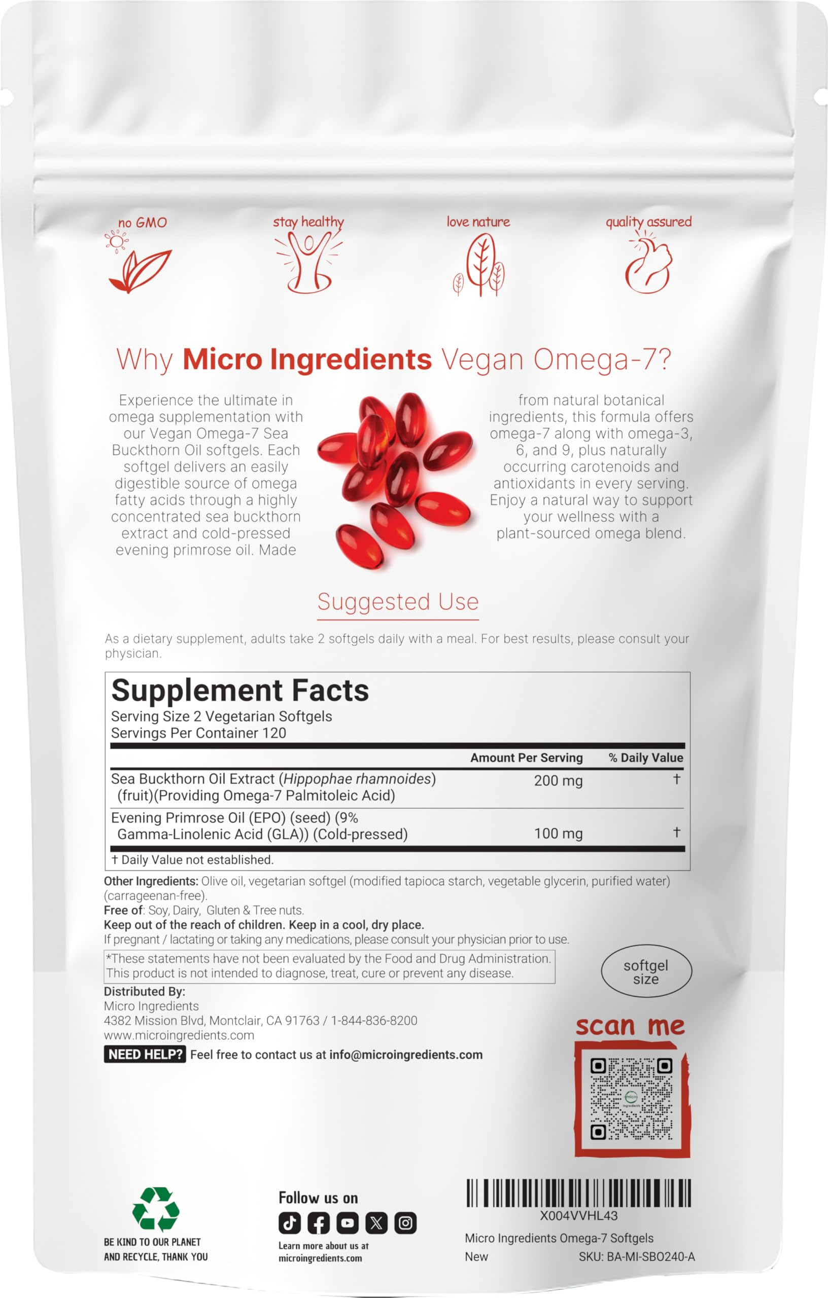 Micro Ingredients vegan omega-7 sea buckthorn oil softgels close-up for convenient daily use