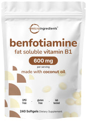 Micro Ingredients Vitamin B1 Benfotiamine softgels pouch on counter may support energy metabolism.