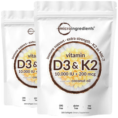 Micro Ingredients Vitamin D3 + K2 bottle with 600 softgels for easy daily use