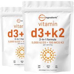 Micro Ingredients Vitamin D3 K2 bottle front with two-pack design for daily use.