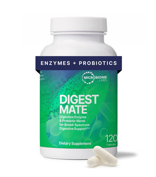 DigestMate bottle label close-up showing 14-enzyme formula for digestion