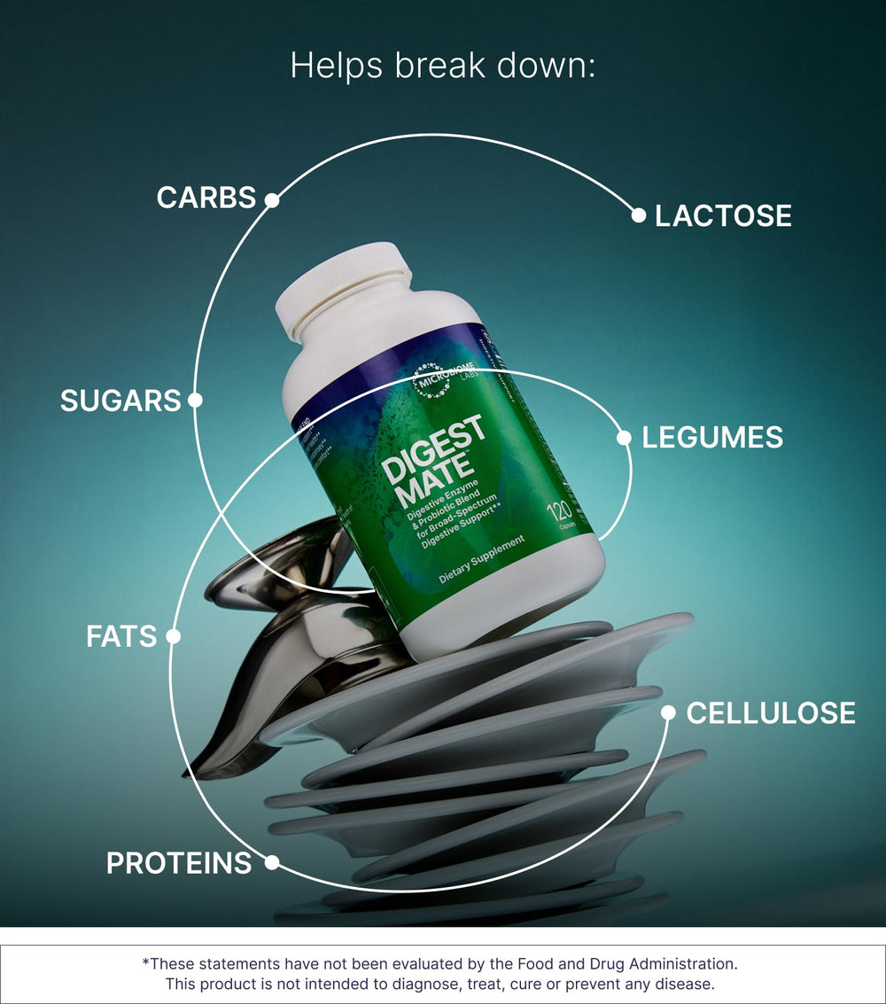 DigestMate ingredient list graphic emphasizing enzymes and spores