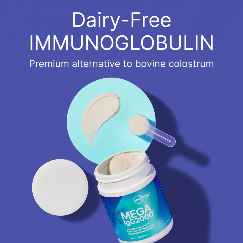 Mega IgG2000 powder scoop – convenient daily dosing for gut wellness.