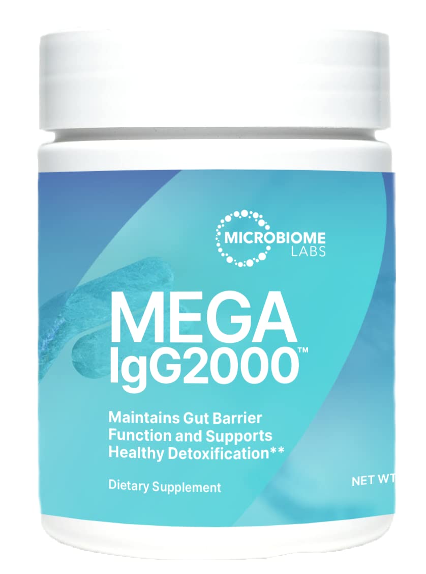 Microbiome Labs Mega IgG2000 powder tub – dairy-free gut health support.