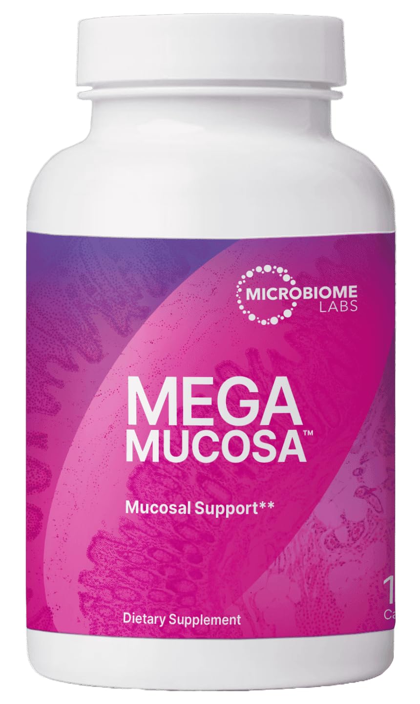MegaMucosa bottle by Microbiome Labs on a clean desk, supporting mucosal barrier health.
