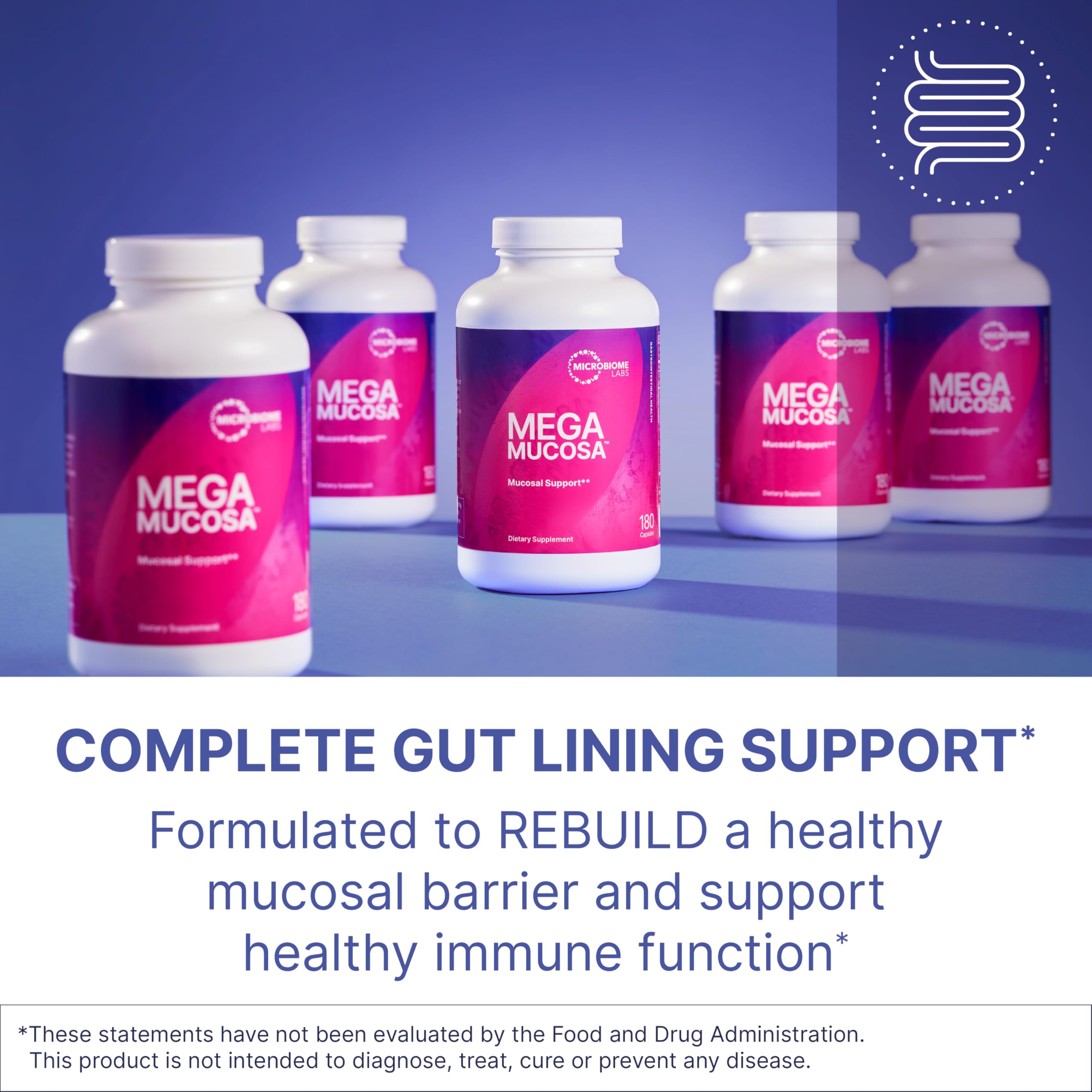 MegaMucosa capsules close-up showing dairy-free immunoglobulins for gut support.