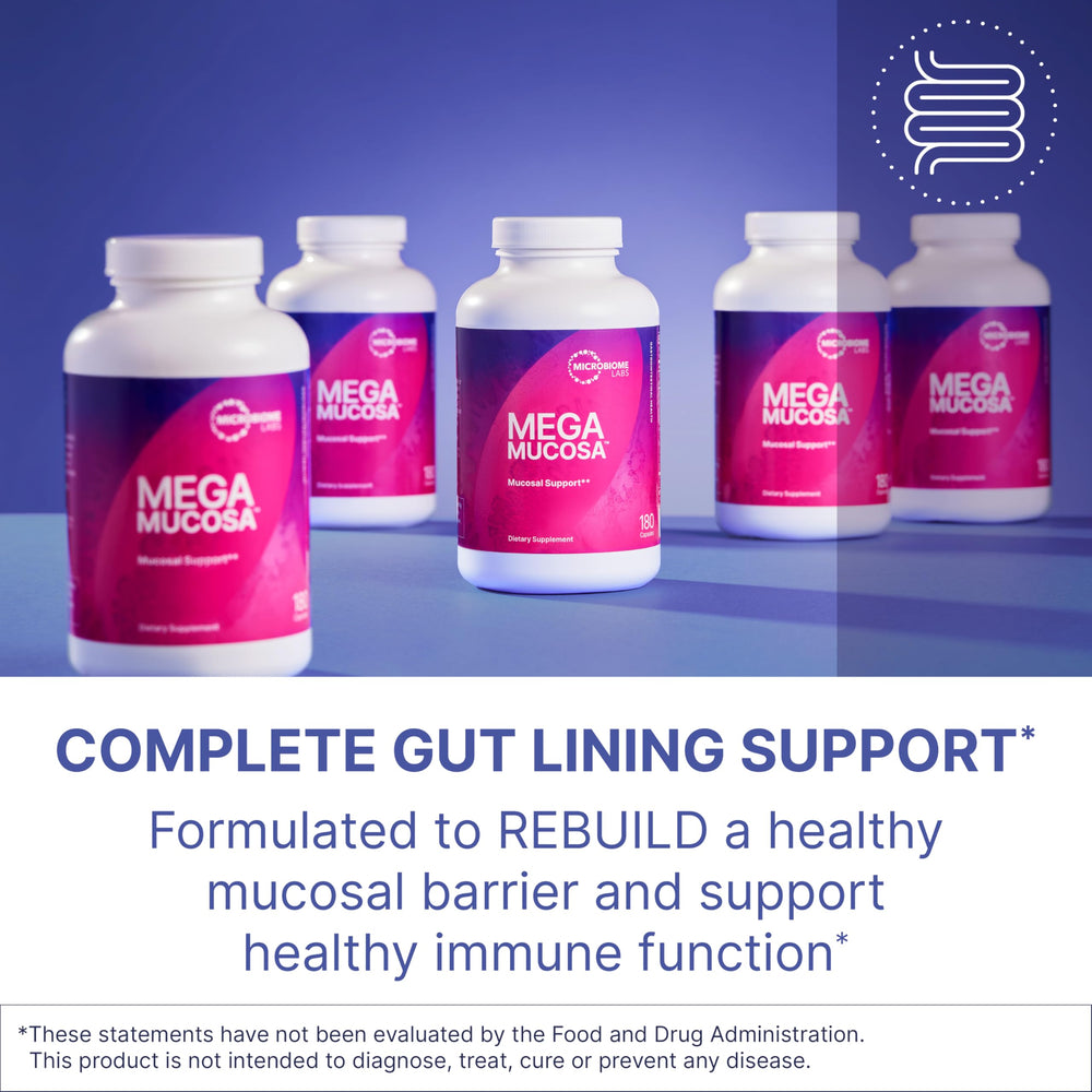 MegaMucosa capsules close-up showing dairy-free immunoglobulins for gut support.