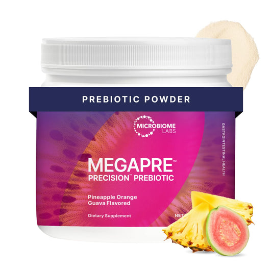 Microbiome Labs MegaPre bottle front view with pineapple orange guava flavor, may support gut balance
