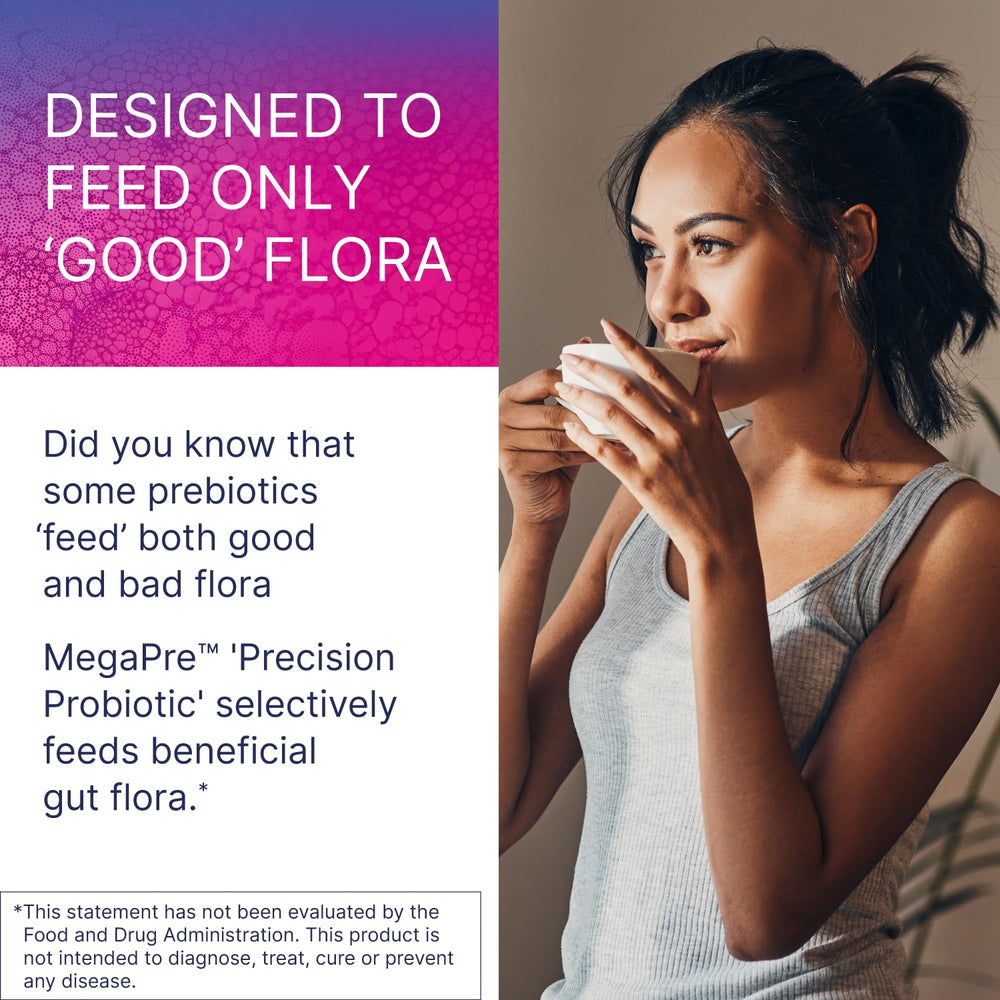 MegaPre drink packets in pineapple orange guava flavor for daily gut support.