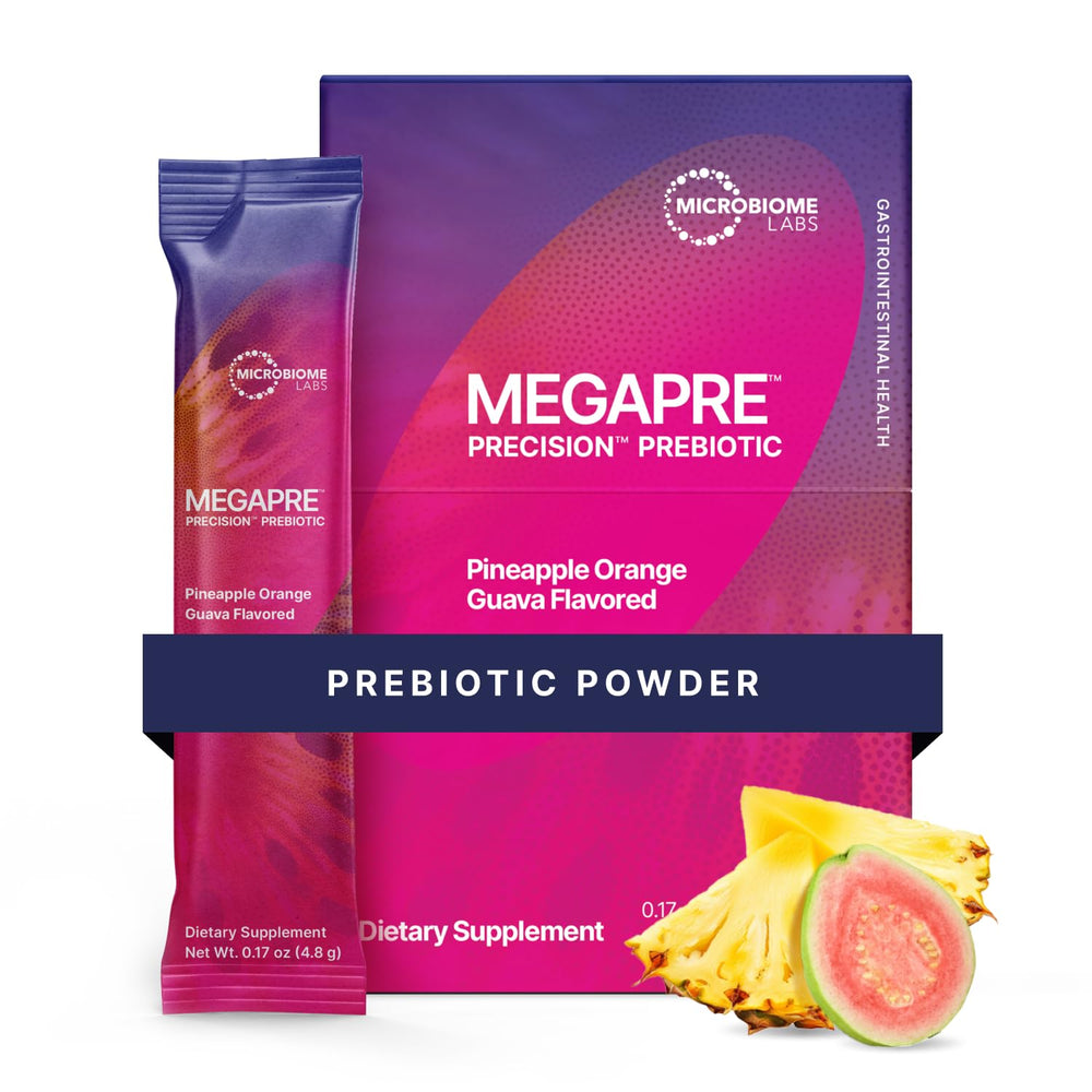 Microbiome Labs MegaPre stick packs for easy on-the-go prebiotic hydration.