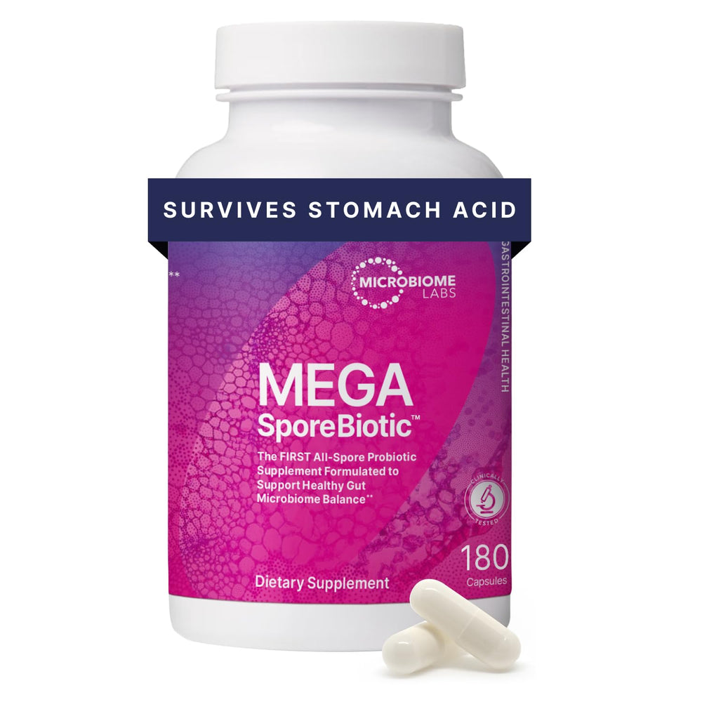 MegaSporeBiotic bottle front signals a shelf-stable probiotic for gut health support.