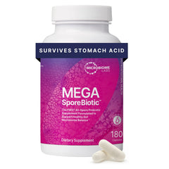 MegaSporeBiotic bottle front signals a shelf-stable probiotic for gut health support.