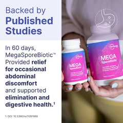 MegaSporeBiotic label close-up highlights spore-based strains for gut health.