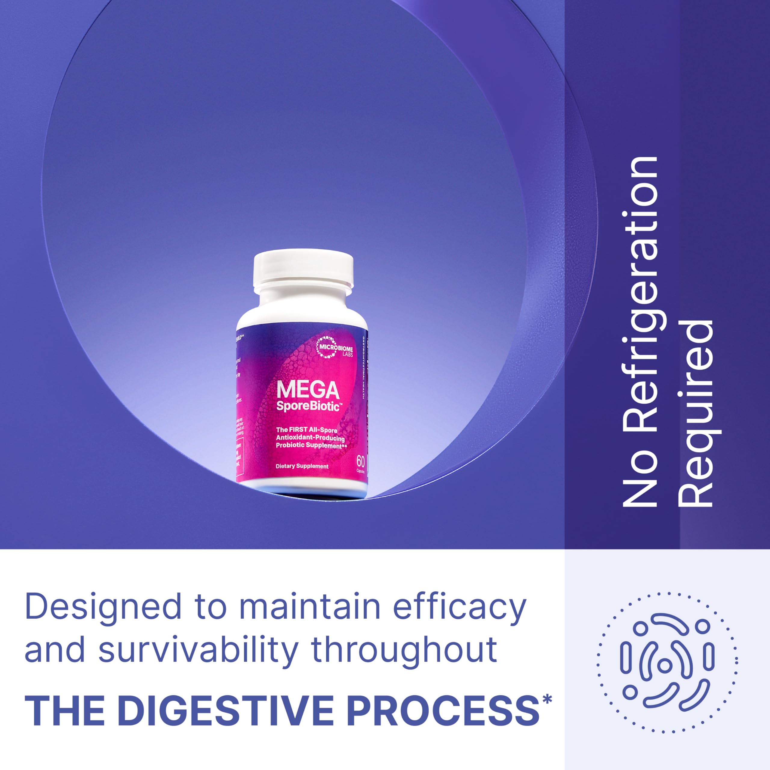 MegaSporeBiotic bottle on shelf shows non-refrigerated stability for everyday use.