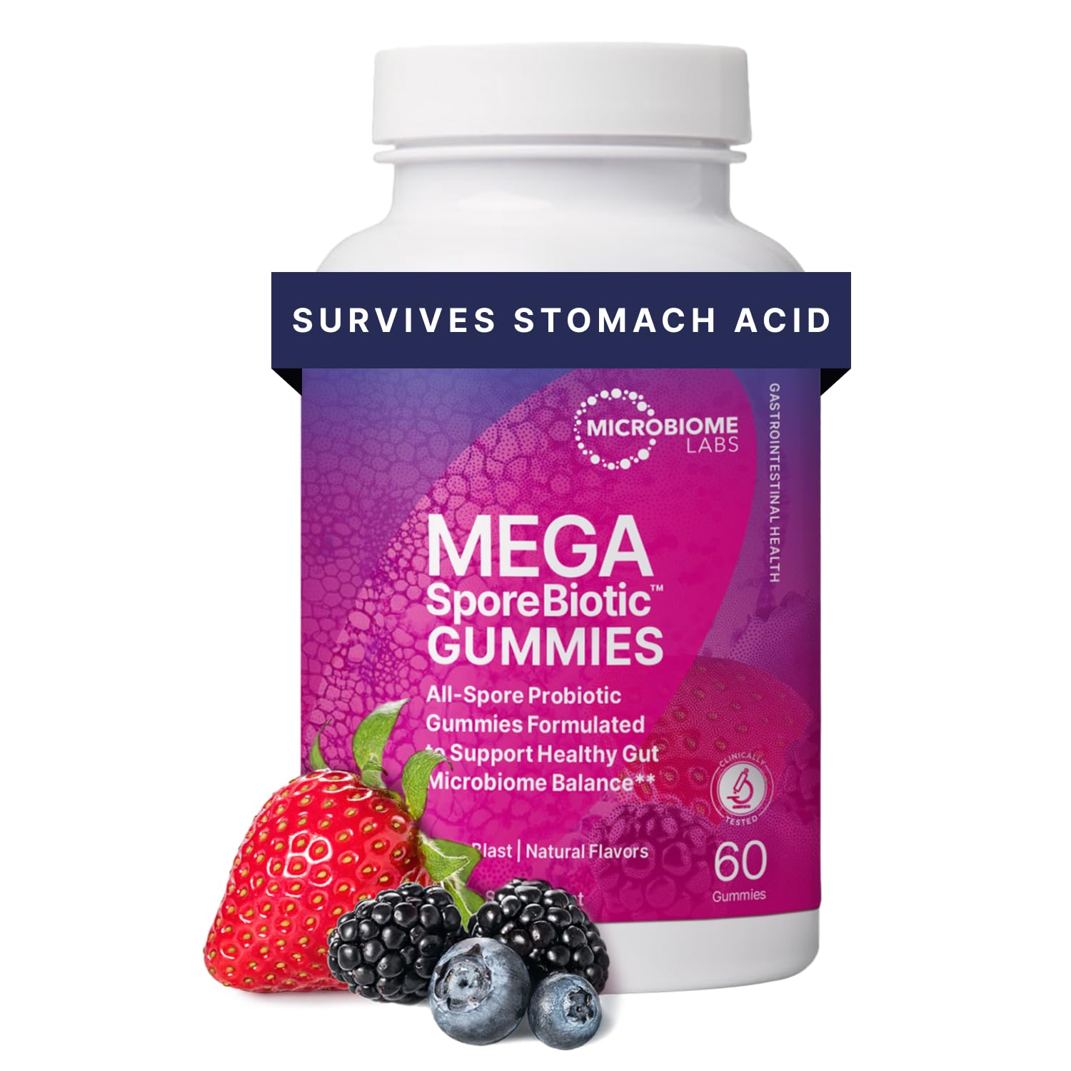 Microbiome Labs MegaSporeBiotic Gummies bottle – berry flavor for easy digestive support.