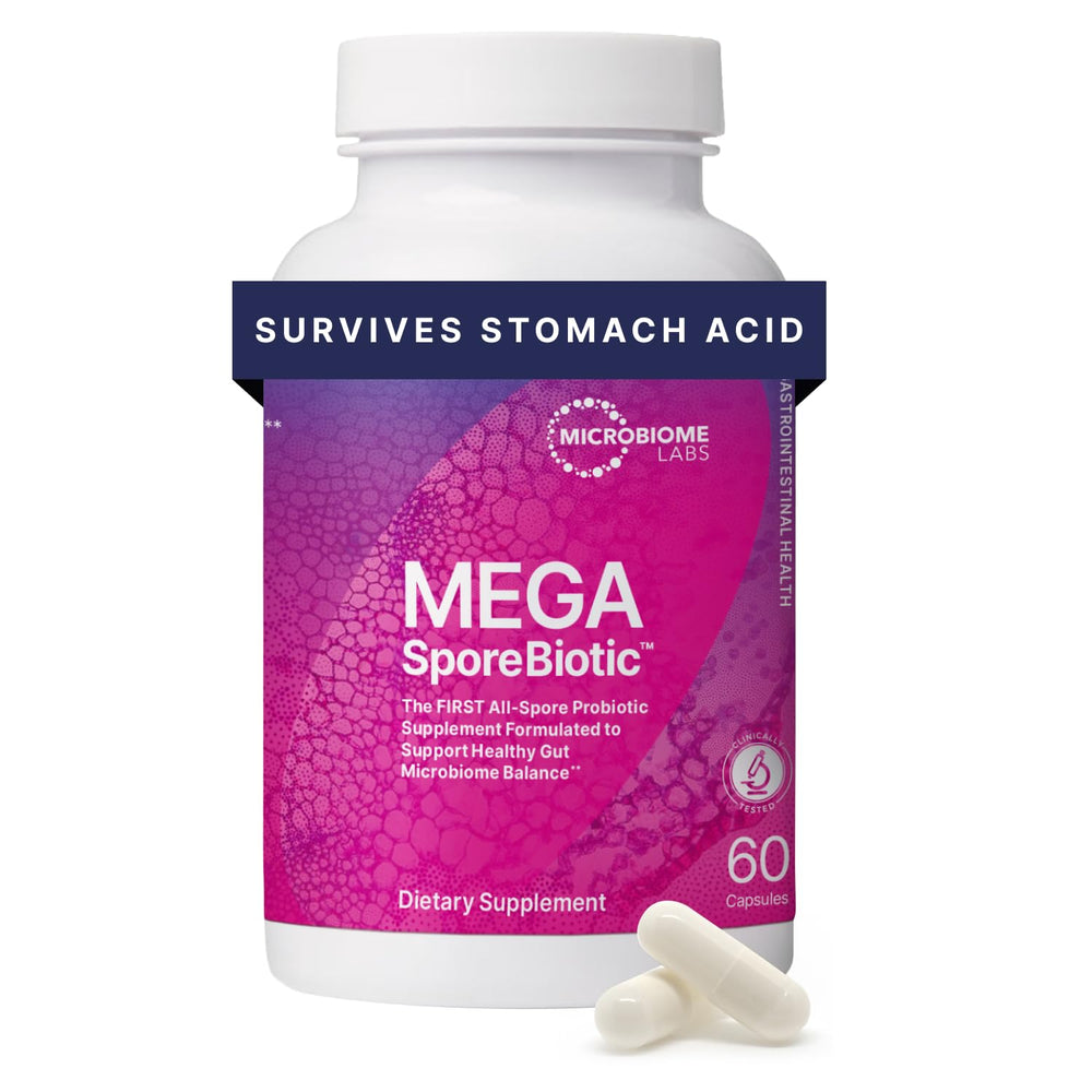 Microbiome Labs MegaSporeBiotic bottle on shelf, shelf-stable probiotic for on-the-go gut health.