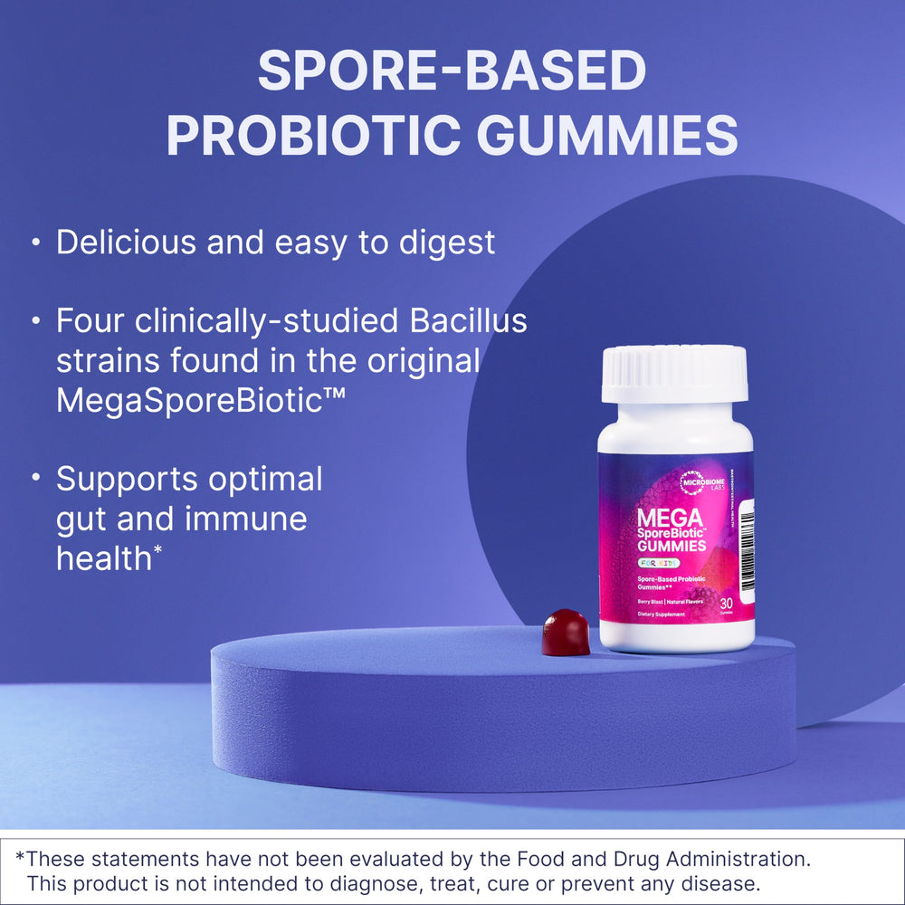 Close-up of MegaSporeBiotic Kids gummies shows chewy texture and natural berry flavor.