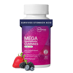 MegaSporeBiotic Kids Berry Gummies support gut balance with spore-based probiotics.
