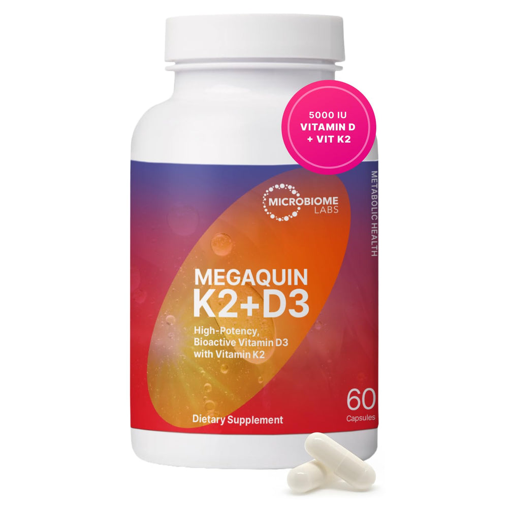 MegaQuin D3 K2 capsules from Microbiome Labs for daily bone and immune support.