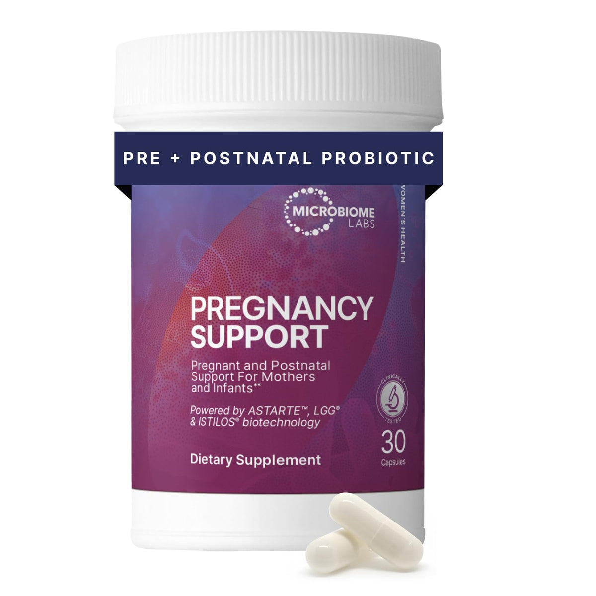 Microbiome Labs Pregnancy Support bottle closeup showing convenient prenatal capsules for gut balance