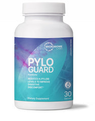Microbiome Labs PyloGuard bottle front shows daily postbiotic capsules for gut support