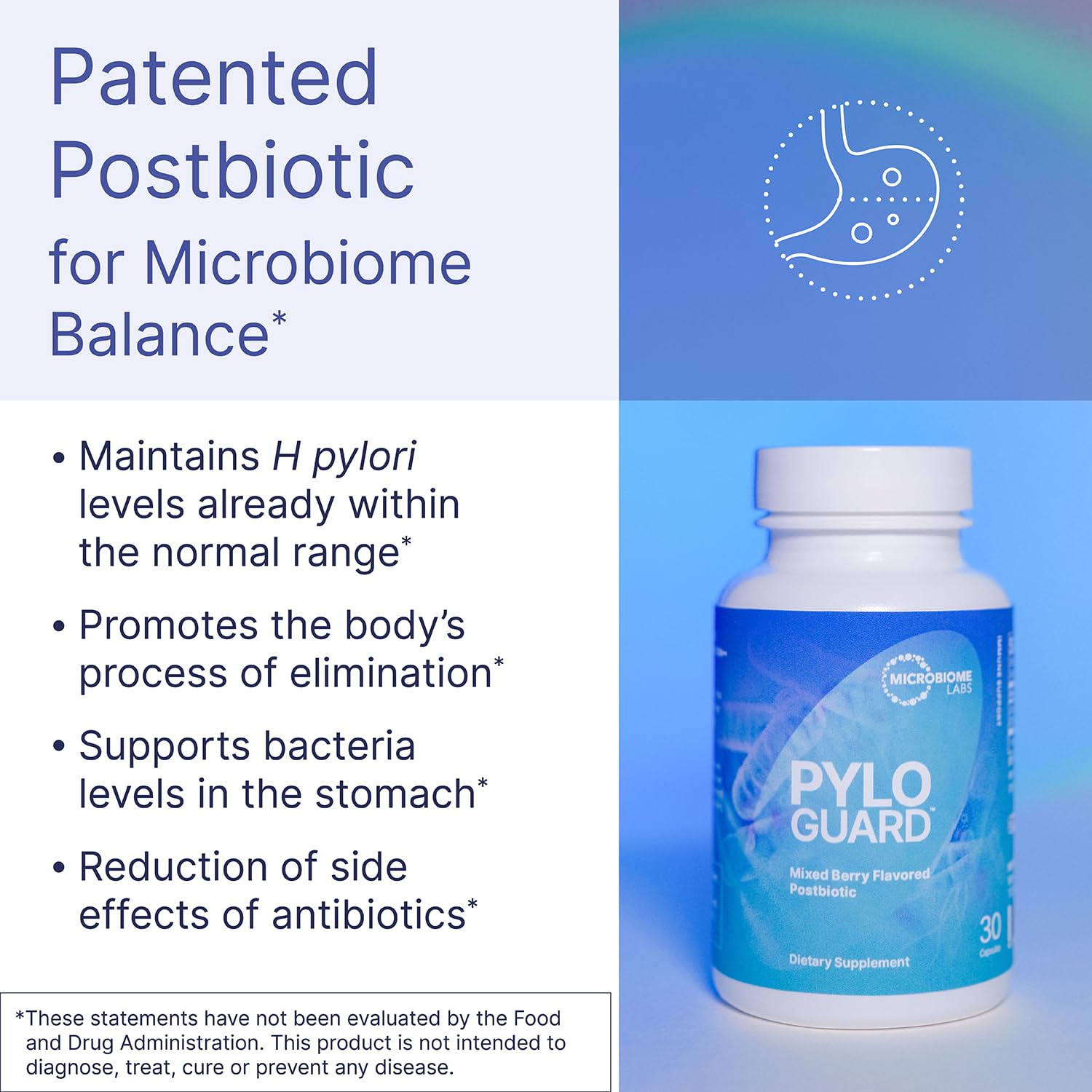Microbiome Labs PyloGuard bottle side highlights simple daily use