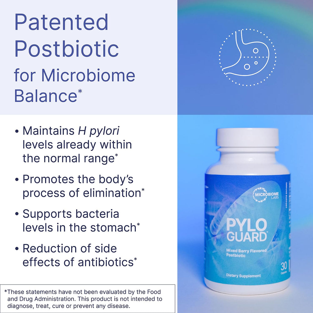 Microbiome Labs PyloGuard bottle side highlights simple daily use