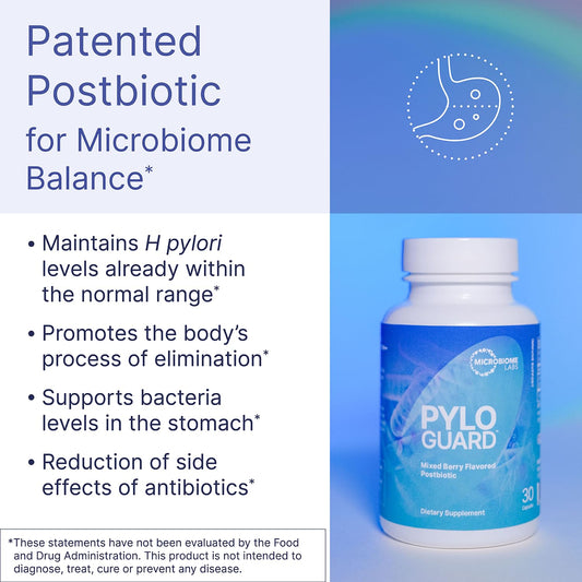 Microbiome Labs PyloGuard bottle side highlights simple daily use