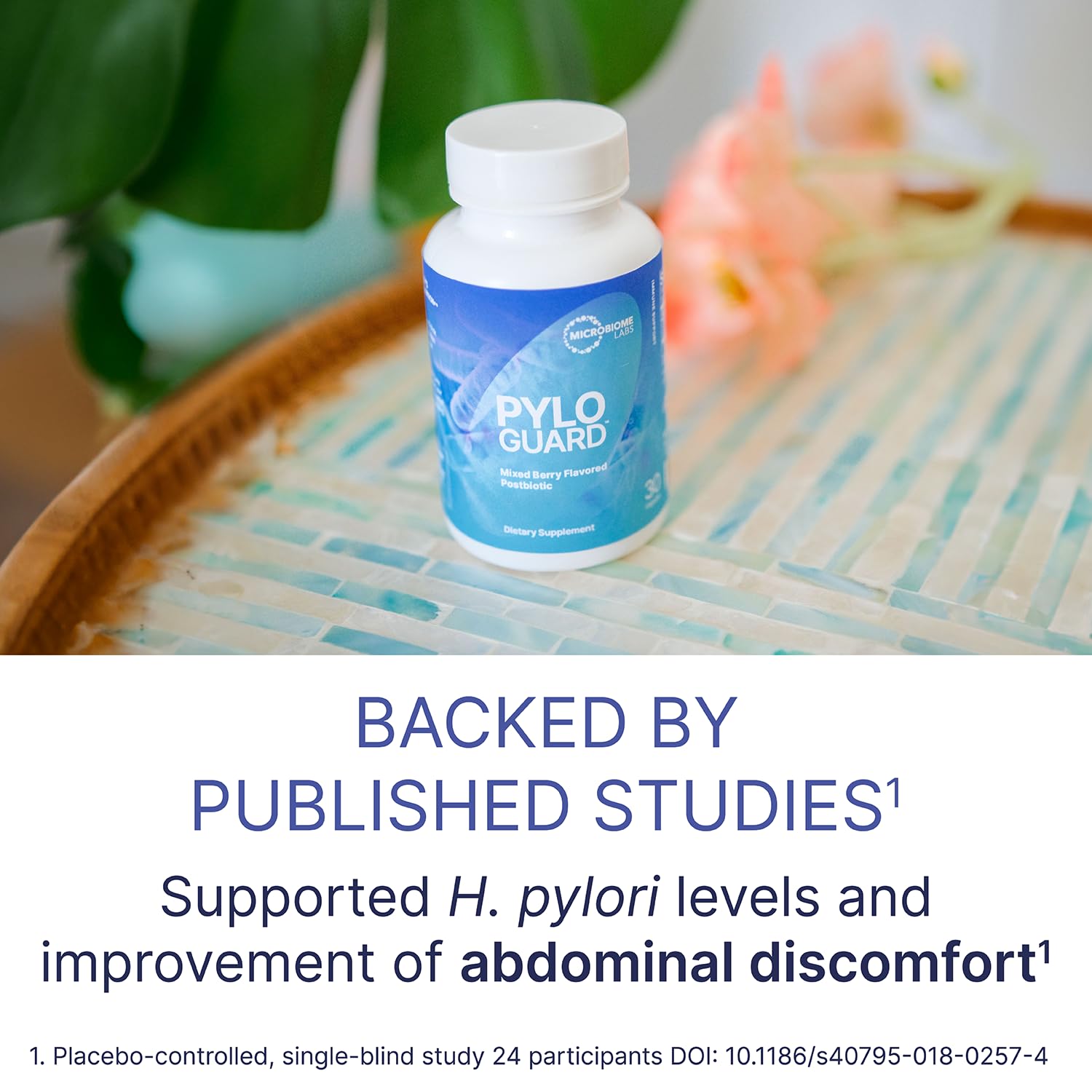 Microbiome Labs PyloGuard capsules close-up reveals compact, easy-to-swallow capsules