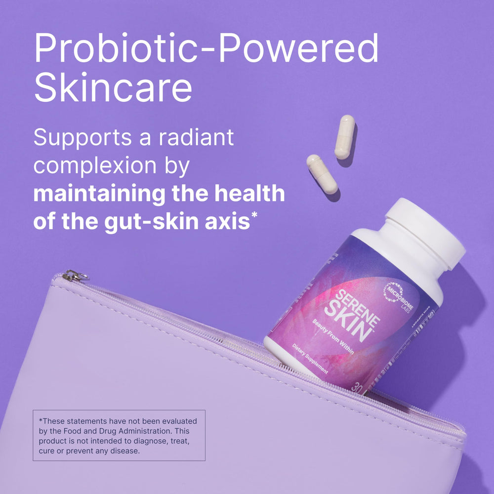 Microbiome Labs SereneSkin capsules closeup highlighting spore probiotic formula.