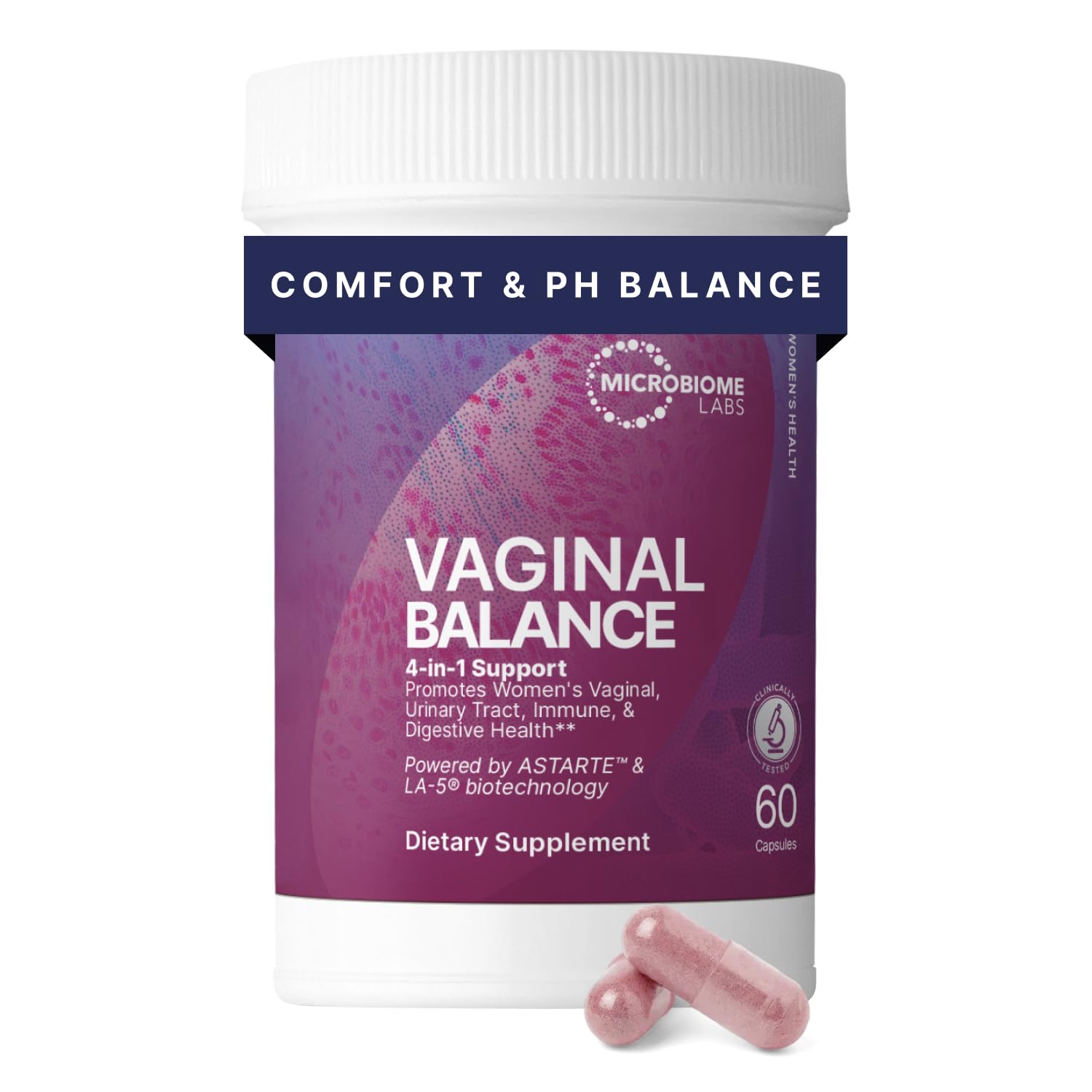 Microbiome Labs Vaginal Balance bottle on a shelf promoting daily vaginal comfort.