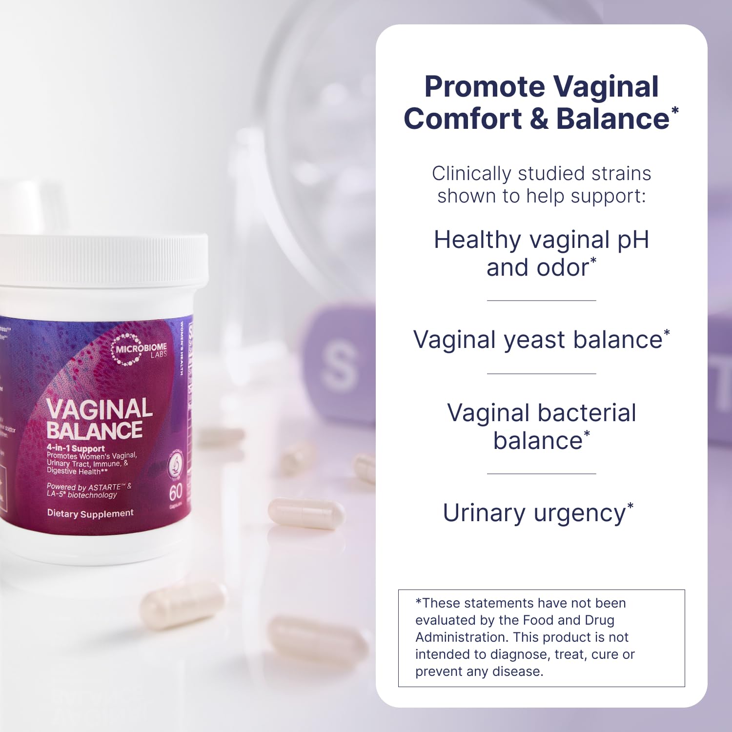Vaginal Balance capsules close-up demonstrating vegan daily formula.