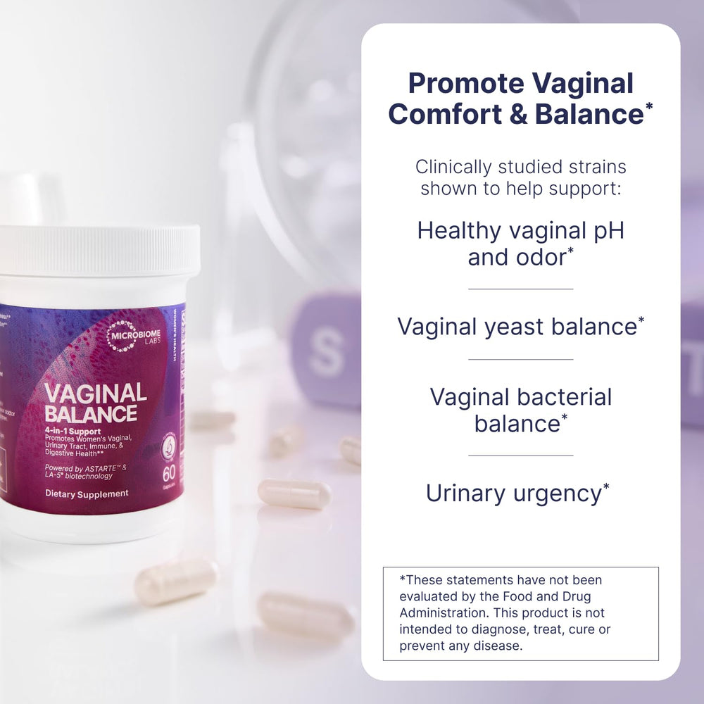 Vaginal Balance capsules close-up demonstrating vegan daily formula.