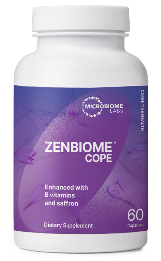Microbiome Labs Zenbiome COPE bottle-front for mood support and gut-brain balance