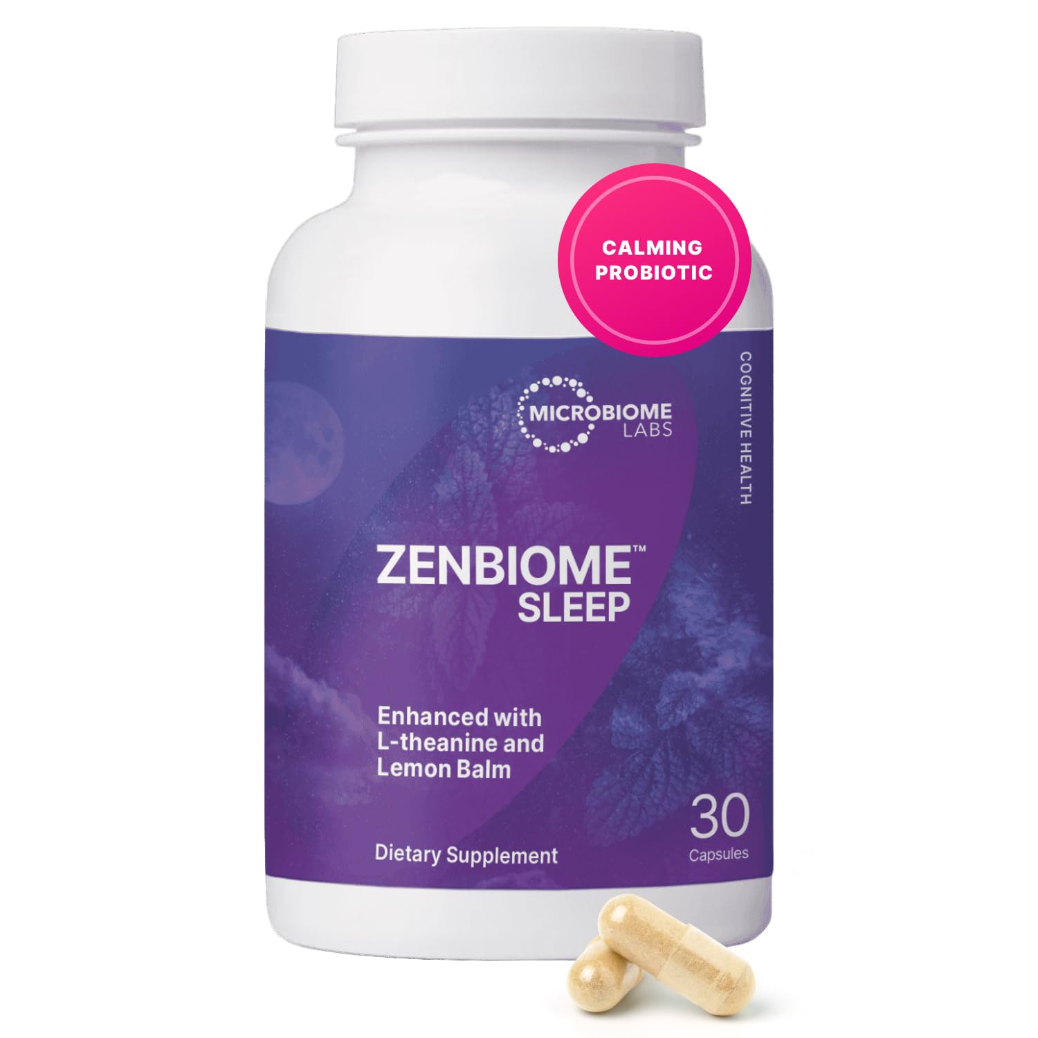 Microbiome Labs Zenbiome Sleep bottle front, convenient nightly calming option.