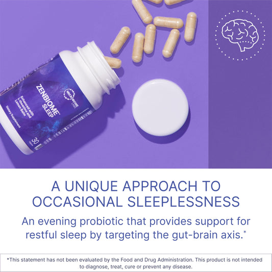 Zenbiome Sleep label close-up shows L-theanine and lemon balm for evening calm.