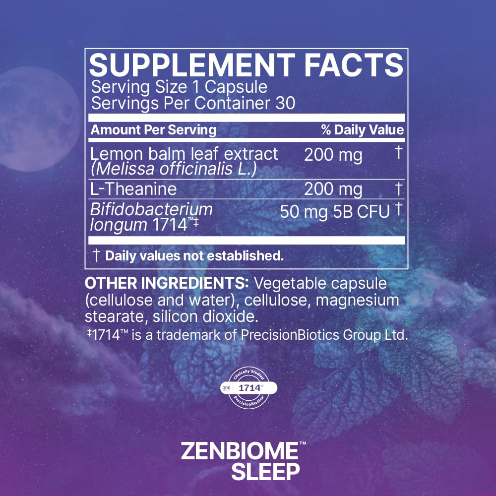 Lemon balm leaf highlight with calming herbal note for Zenbiome Sleep.