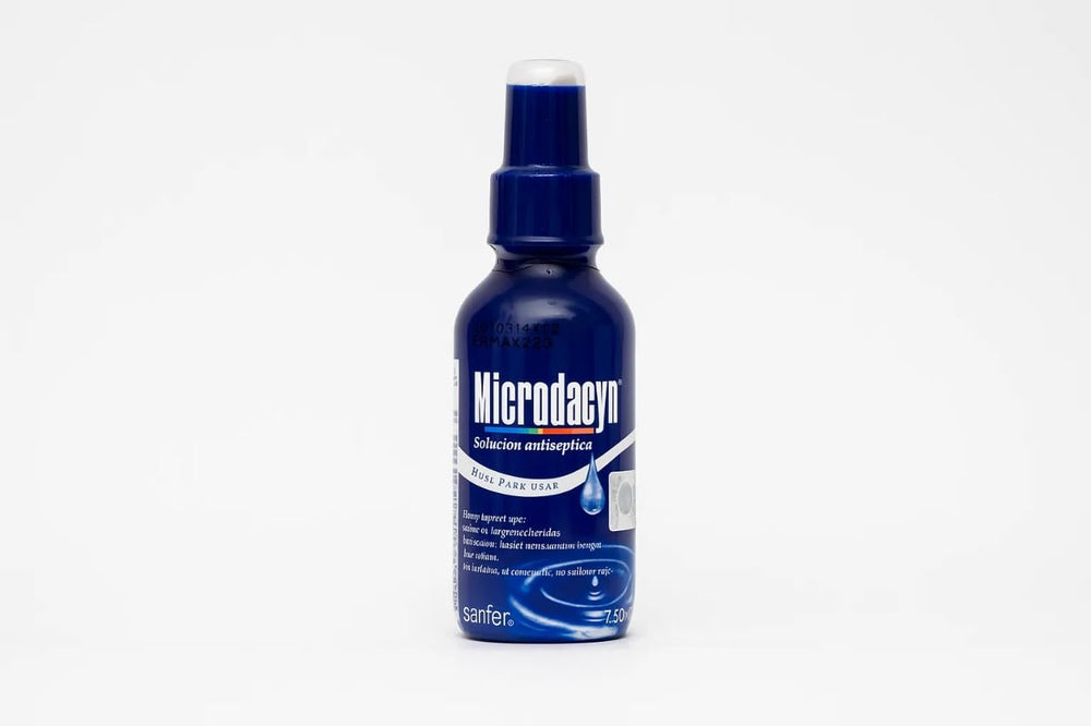 Microdacyn bottle front view for easy wound cleansing.