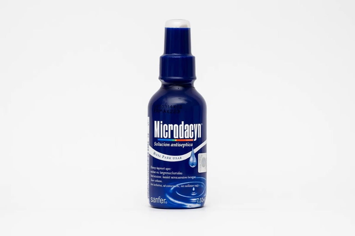Microdacyn bottle front view for easy wound cleansing.