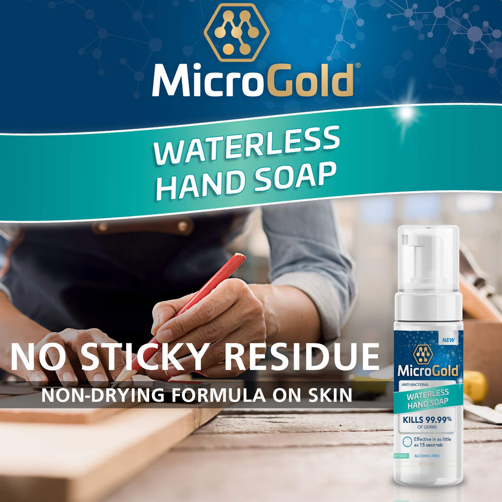 MicroGold hand soap foaming action demonstrates fast cleaning on hands.