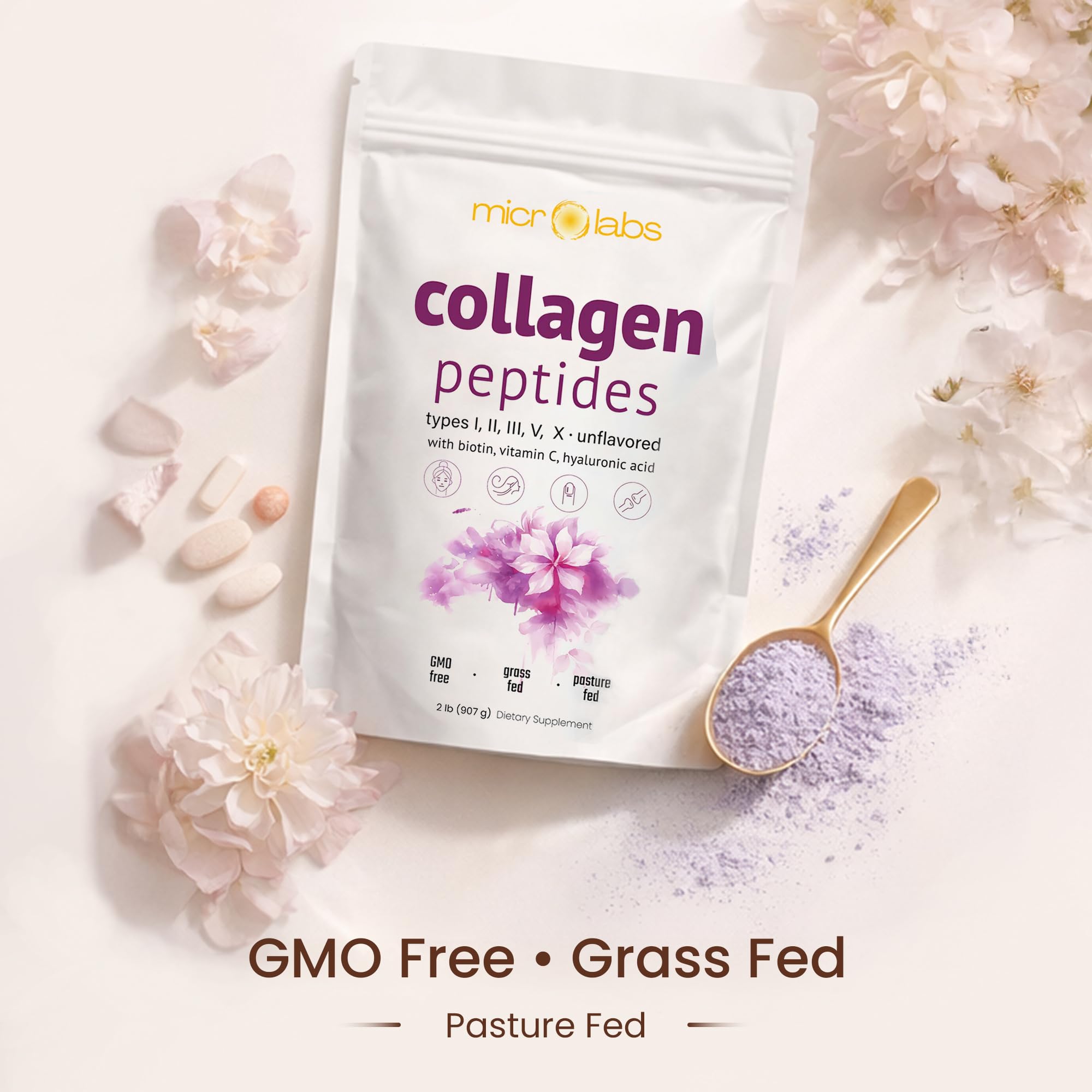 MICROLABS Vitamin C, Biotin, Hyaluronic Acid enhance collagen support.