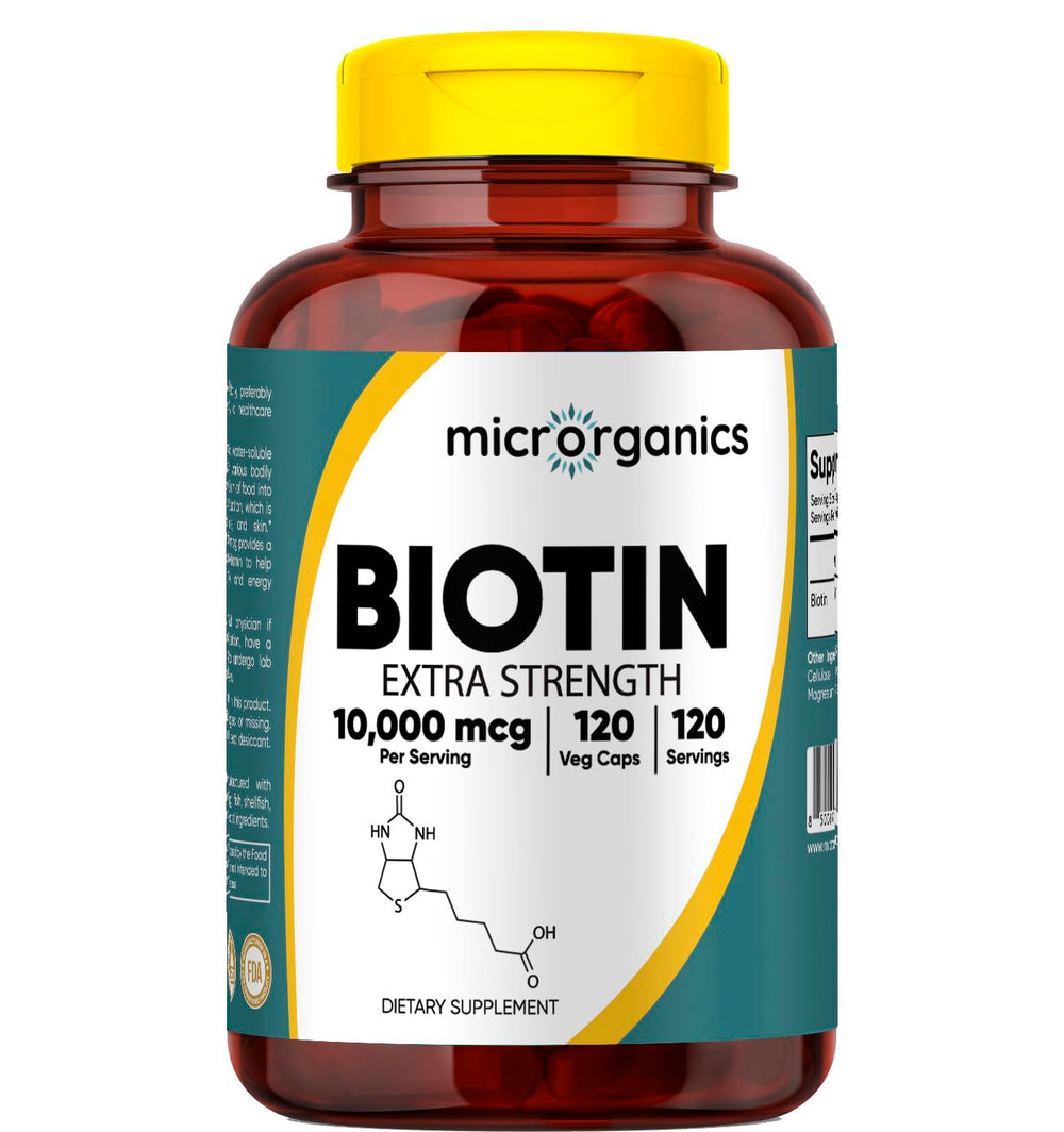 Microroganics Biotin 10,000 mcg bottle front for daily vitality support.