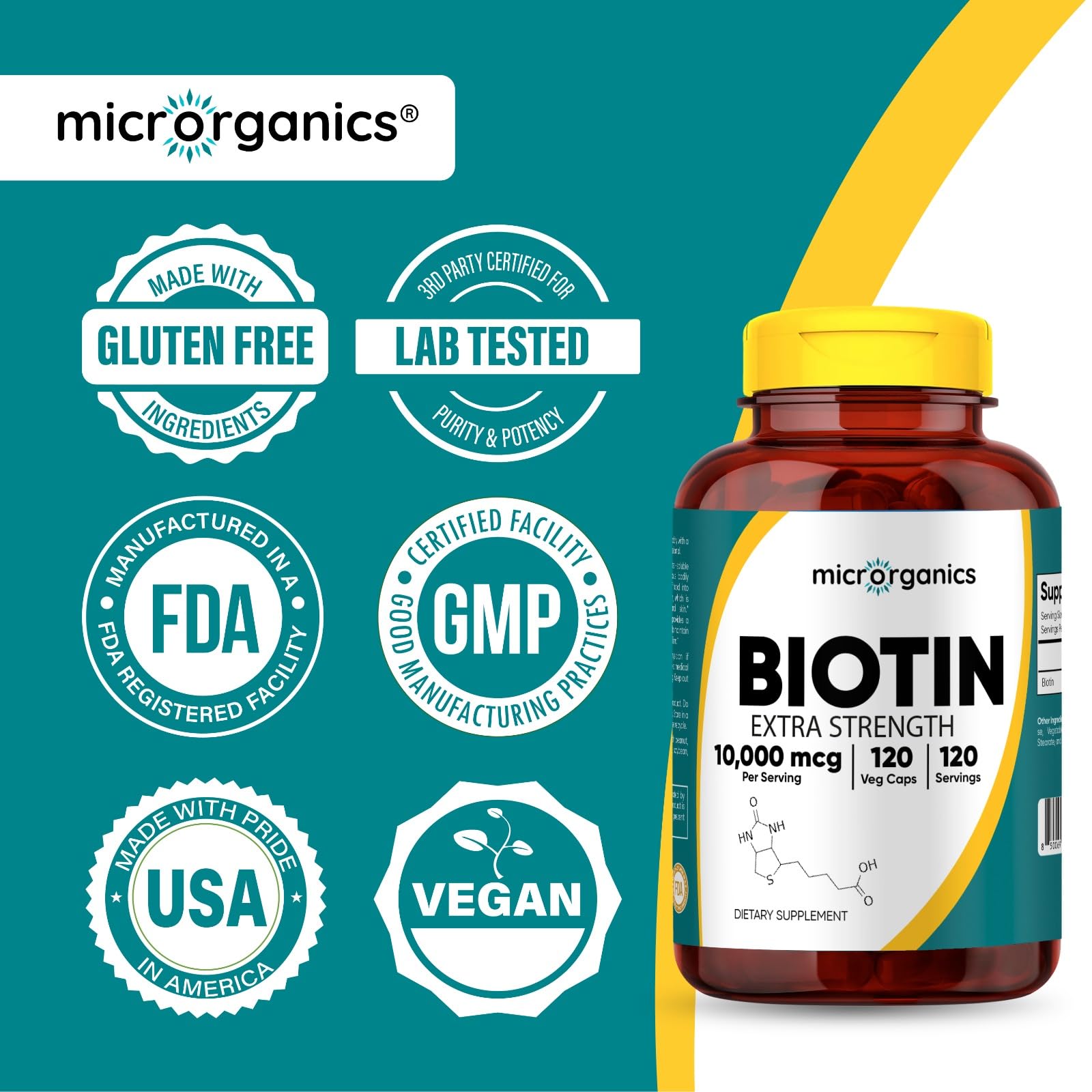Microroganics Biotin bottle with glass of water illustrating daily supplementation.