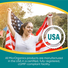 Microroganics packaging highlights sustainability and quality standards.