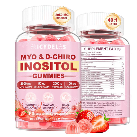 MICYDELAS Myo-Inositol gummies bottle front for convenient vegan wellness.