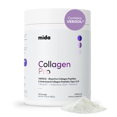 Mida Health VERISOL collagen bottle pour showing easy daily serving for skin and joints.