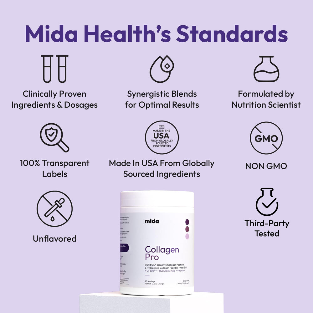 Mida Health VERISOL smoothie mix supports daily protein routine with collagen.